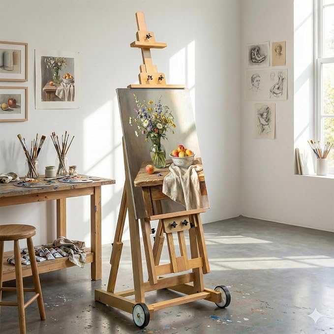 Falling in Art Studio H-Frame Easel with Tilting & Flat Position, Natural