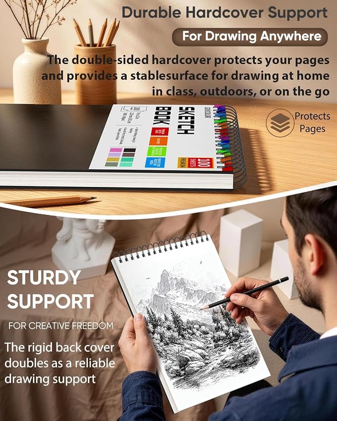 Soucolor 9x12 Hardcover Sketch Book Thick Sketchbook Drawing Paper for Kids | 68lb/100gsm Acid-Free 100 Sheets Spiral Bound,Lay-Flat Sketch Pad with Perforated Pages,Art Supplies for Adults & Teens