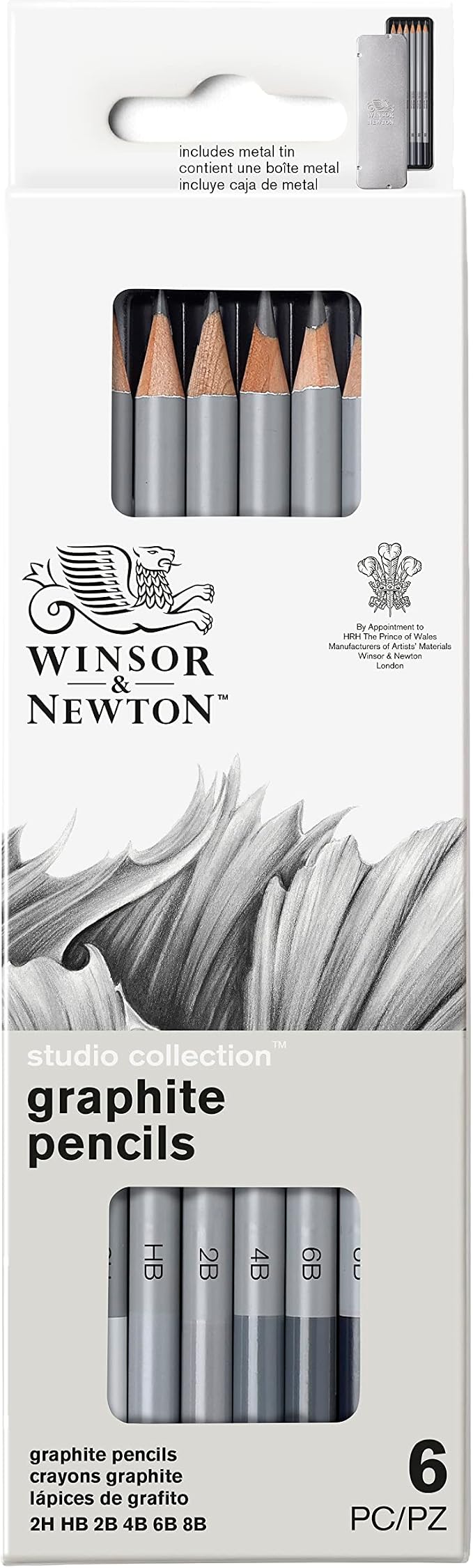 Winsor & Newton Studio Collection, Graphite Pencils, Set of 6 | Soft, Thick Core pencils, Varied Hardness, Soft Smooth Texture, Easy Blending, Stylish Metal Tin Included, High Quality Lead