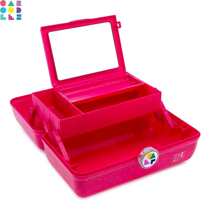 Caboodles On-The-Go Girl Makeup Box, Deep Pink Sparkle, Hard Plastic Makeup Organizer Box, Built-In Mirror, Secure Latch for Safe Travel, Spacious Storage for Large Items