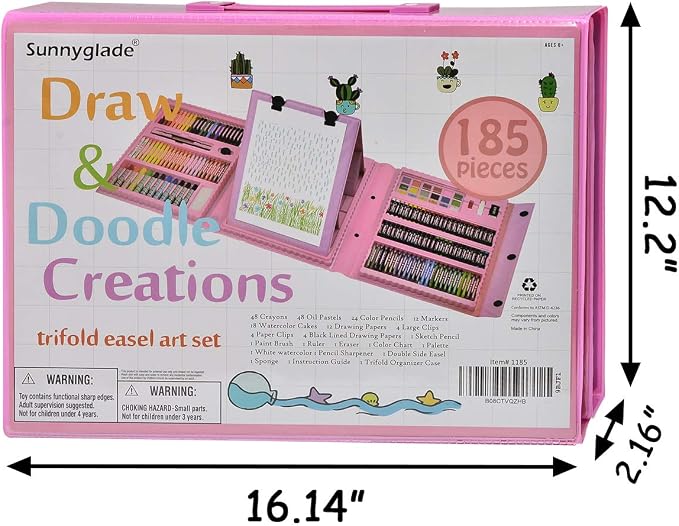 Sunnyglade 185 Pieces Double Sided Trifold Easel Art Set Art Supplies Pink | Art Kit Drawing Art Box with Oil Pastels, Crayons, Colored Pencils, Markers, Paint Brush, Watercolor Cakes, Sketch Pad