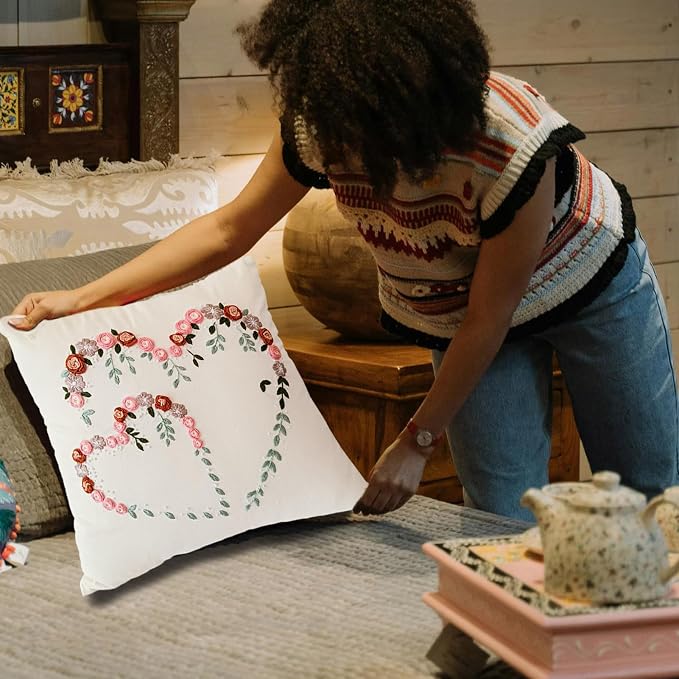 FONNUY Crewel Pillow Case Embroidery Kit, Heart Shaped Loving You Floral Stamped Pattern Kits for Audlt Beginners, Works Crafts Throw Pillow Cover Great Gift for Loved Ones, 18 x 18'' (Beige)