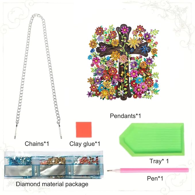 RYMILIE Cross with Flowers Hanging Diamond Art for Adults, Special Shaped Rhinestone, Diamond Painting Pendant DIY Gem Art Wall Hanging Ornament, Acrylic Home Garden Decor with Chain