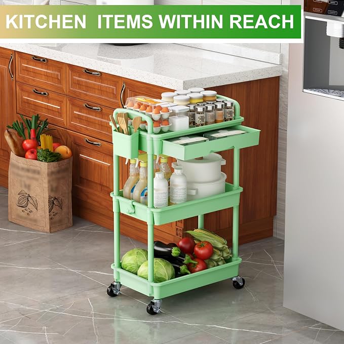 Goovilla 3 Tier Rolling Utility Cart Organizer with Removable Drawer, Green | Stable and Sturdy Rolling Storage Carts with 2 Lockable Wheels for Bathroom, Kitchen, Snack, Craft, Makeup, Baby Essentials