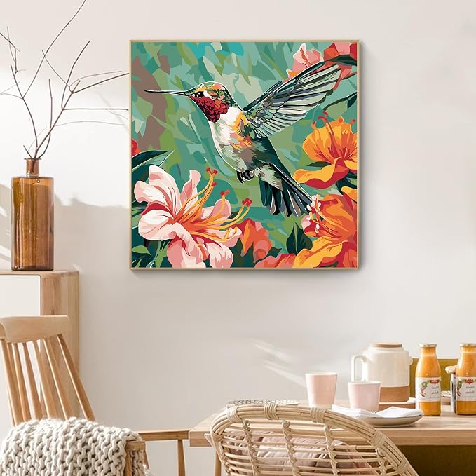 PRASIO Paint by Numbers Kit for Adults Beginner, Hummingbird Adult Paint by Number Kits on Canvas, DIY Acrylic Watercolor Oil Paint by Number for Adults for Home Decor Gift 16x16 Inch