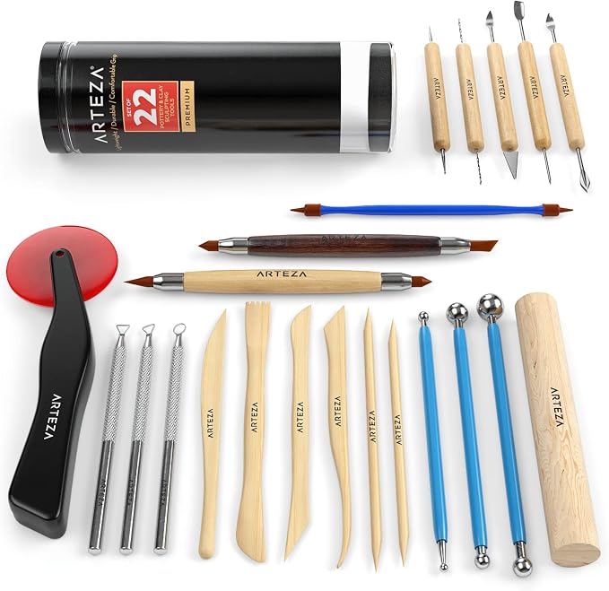 ARTEZA Pottery and Sculpting Tools, 22-Piece Set for Modeling and Carving | Steel and Silicone Ends, Wooden Handles, Wheel Cutter, Rolling Pin, Stylus and Ribbon Tools, For Wet Clay and Ceramics