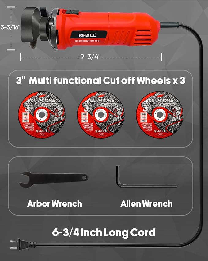 SHALL 3 Inch High-Speed Cut Off Tool, 3.5 Amp Metal Cutter Tool with 3Pcs Multifunctional Cut Off Wheels, 24000RPM Electricl Metal Cutting Tools for Steel, Inox
