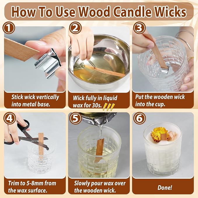 Multiwins 130 Pcs Candle Wicks for Candle Making Kit: 100 Cotton & 30 Wood Wicks with Complete Tool Set (Wick Holders, Wick Stickers, Candle Tabs, Tweezers, Pen), for Soy Beeswax DIY Candles