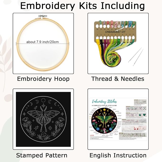 Nuberlic Moth Embroidery Kits for Beginners,Cross Stitch Kits | Embroidery Starter Needlepoint Including Cloth with Pattern, Hoop, Needles Instruction and Threads,Gifts and Home Decor