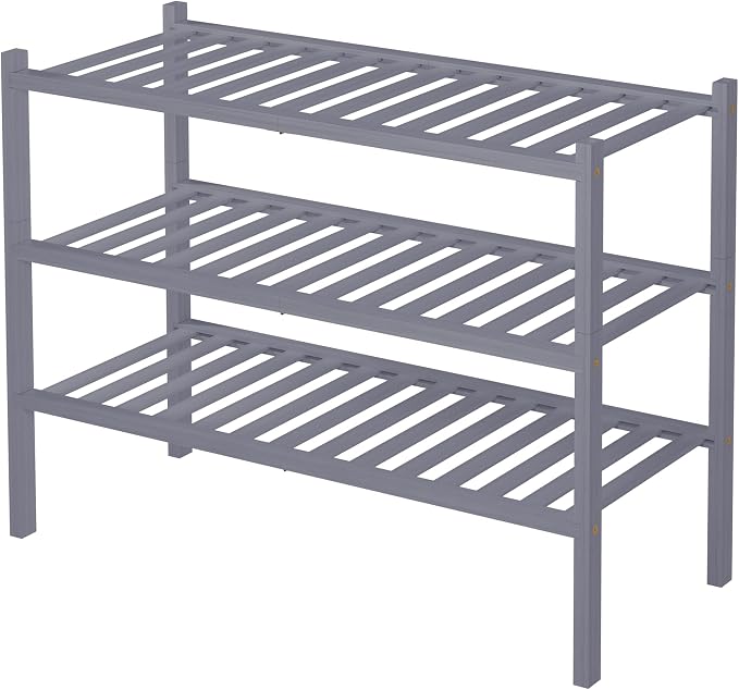 ROMGUAR CRAFT 3 Tier Bamboo Shoe Rack for Closet Free Standing Wood Shoe Shelf Storage Organizer for Entryway Small Space Stackable 27"x11"x20" (Grey)
