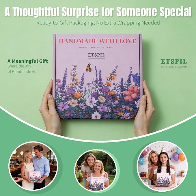 ETSPIL Embroidery Kit for Adults, 2 Hoops, 4K Slow-Mo, Pre-Printed Patterns | Stitch Together. 17 Vibrant Floss, Bound Guide. Needle Minder, Storage Tube, All Tools. No Washing. Relaxing Craft for Women