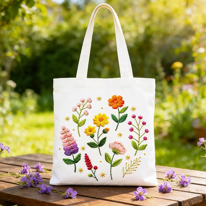 BEUNITONE 6 Pack Beginner Embroidery Kit for Adults, Simple Floral Plants Pre-Stamped Pattern Starter Needlepoint Kits with Hoops & Instruction, Hand Embroidery Kits for Fabric and Home Decor 7.9x7.9