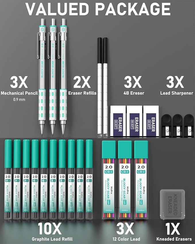 Nicpro 3 Pack Blocky Gear 2.0 mm Metal Mechanical Pencils Set with Case