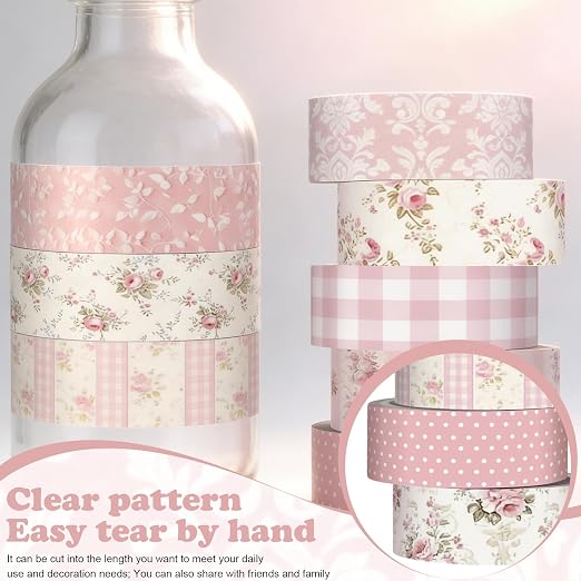 12 Rolls Floral Washi Tape Set,Light Pink,Polka Dots and Floral | Watercolor Flowers Design for Scrapbook Journal DIY Craft School Supplies, 15 mm Vintage Decorative Masking Washi Tapes
