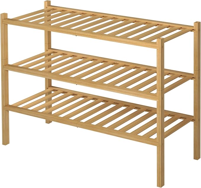 ROMGUAR CRAFT 3 Tier Bamboo Shoe Rack for Closet Free Standing Wood Shoe Shelf Storage Organizer for Entryway Small Space Stackable 27"x11"x20" (Natural) (Pack of 2)