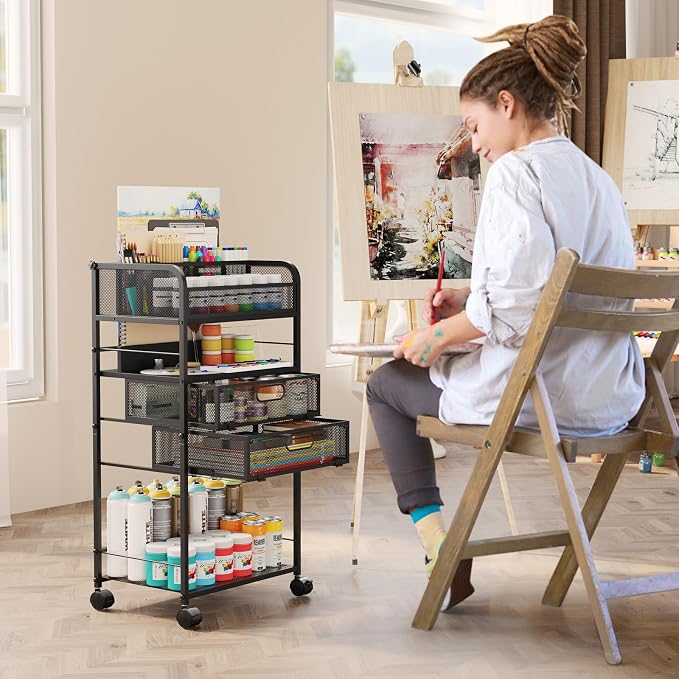 Homsorout Art cart, 5 Tier Rolling Cart - Utility Cart with Storage Drawer and Wheels, Versatile Art & Craft Organizer for Home, Office, or Studio Ideal for Storing Brushes, Paints (Black)