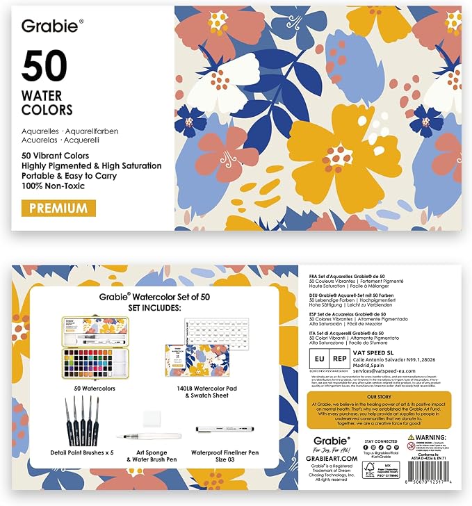 Grabie Set of 50 Color Premium Watercolor Paint Set with Detail Brushes | High Pigment Paints, Rich Color Mixing, Portable Travel Case, All-In-One Art Kit, Watercolor Painting