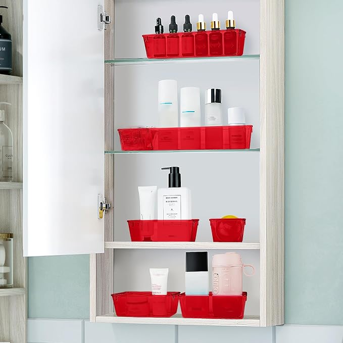25 PCS Plastic Drawer Organizer Set, Makeup Organizers and Storage Bins | 4 Sizes Desk Drawer Divider Organizers and Storage Bins for Jewelry, Gadgets for Kitchen, Bedroom, Bathroom, Office, Red