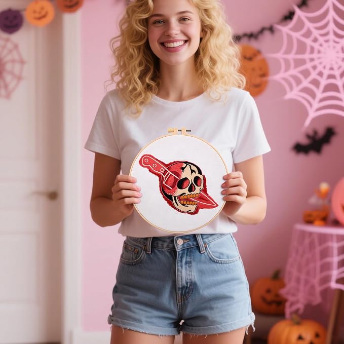 Halloween Punk Embroidery Kits for Beginners Adults, Blood Skull Embroidery Starter Kits, Halloween Cross Stitch Kits for Beginners Adults Hobbies for Women, Embroidery Fabric, Hoop and Video Tutorial