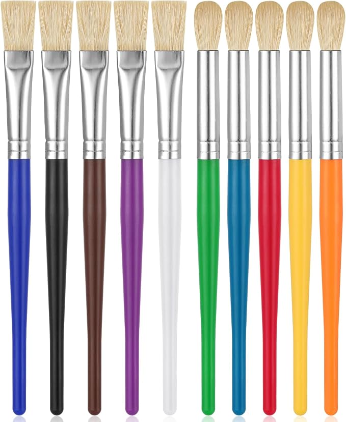 YGAOHF Kids Paint Brush Set, 10 Pcs Round and Flat, Easy Hold and Clean Toddler & Preschool Brushes for Acrylic, Oil, Watercolor, Washable Paint