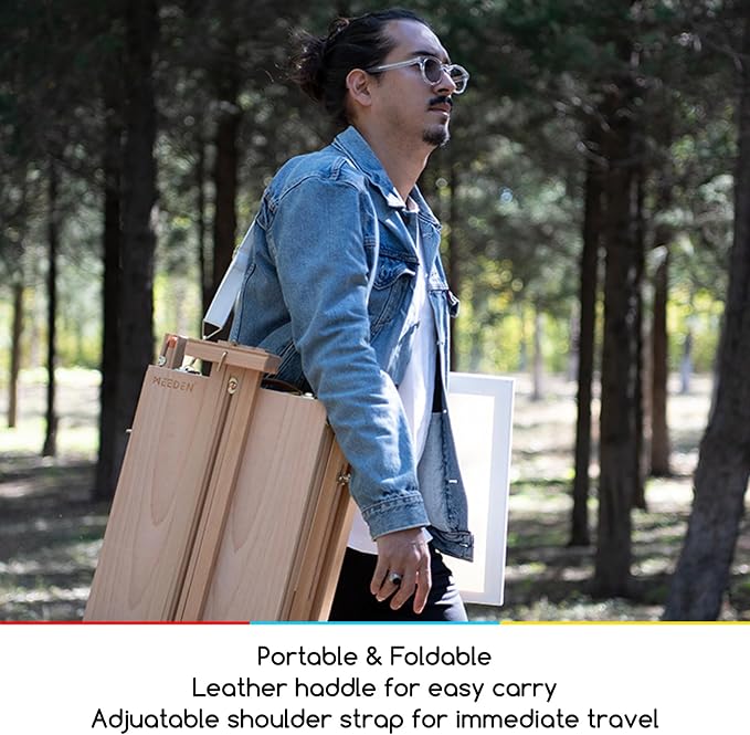 MEEDEN Portable French Sketchbox Art Easel: Foldable Standing Field Easel | Beechwood Travel Easel with Drawer, Palette & Metal Tray, for Adult Artists Watercolor Painting, Holds Canvas Up to 34"