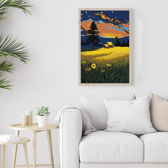 Framed Paint by Numbers Kit for Adults Beginner, Starry Night Easy Adult Paint by Number Kits on Canvas, DIY Acrylic Watercolor Landscape Oil Paint by Number for Adults for Home Decor Gift 8x12 Inch