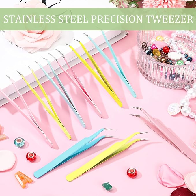 Honoson 9 Pcs Curved Pointed Craft Tweezers Precision Tweezer,3 Colors