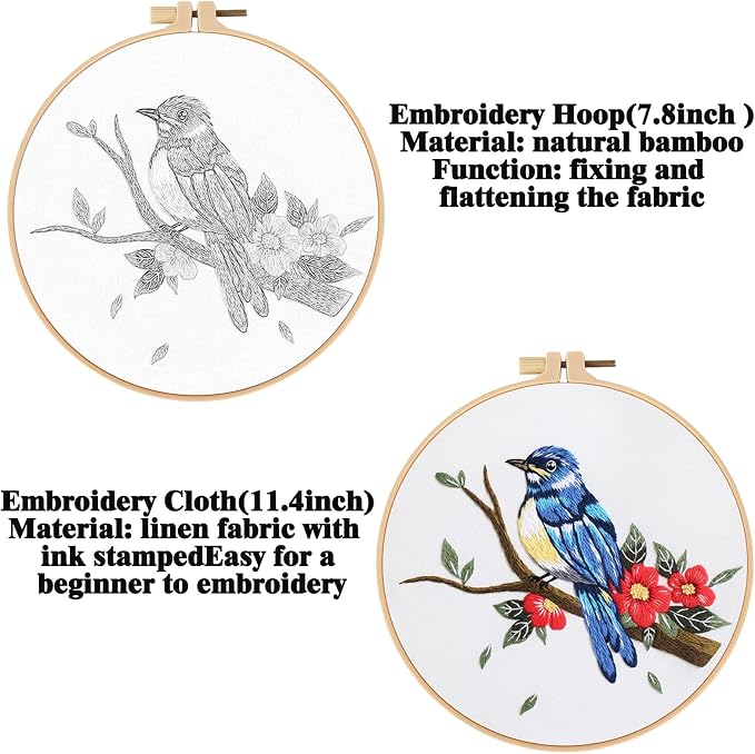 GLTAYLMY 3 Sets Embroidery Kit for Beginners Needlepoint Cross Stitch Kits for Adults,Stitch Learning DIY Kit with Easy Instruction,Stamped Bird Embroidery Patterns,Hoop,Threads,Sewing Hobby