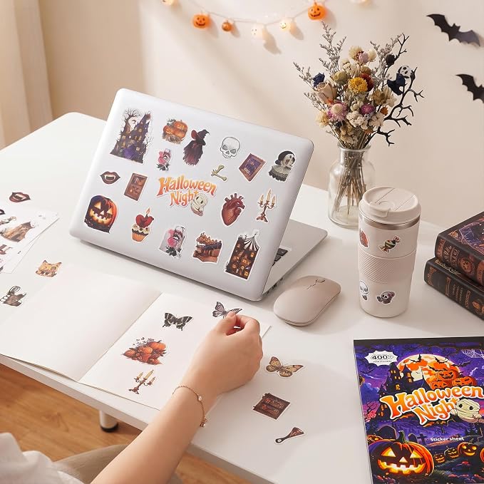 400+ Pcs Vintage Gothic Halloween Sticker Book, Witch Pumpkin Decorative Stickers for Junk Journal Supplies Art Scrapbooking DIY Crafts Halloween Games Party Gifts for Teens Adults Craft Lovers