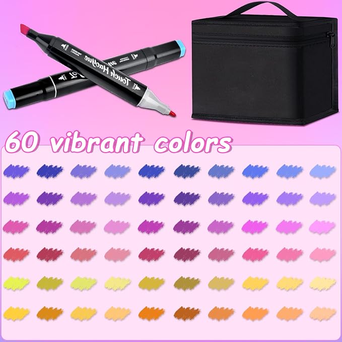 Alcohol Markers Set, 60 Colors Dual Brush Tip Art Coloring Markers for Adult Drawing, Permanent Alcohol Based Colored Sketch Pens Art Supplies Gifts for Illustration