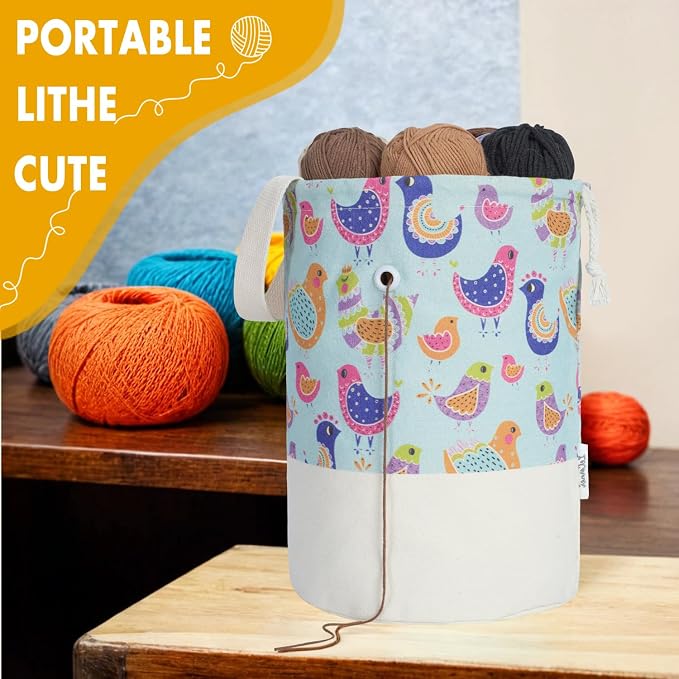 Yarn Bag, Small Crochet Bag Organizer, Drawstring Yarn Storage Knitting Bags, Portable Mini Yarn Holder for Crocheting Project, Store Skein Ball, Needles Accessories (Colorful Birds, Large)