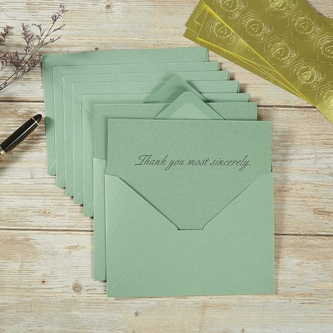 50 Pack Sage-Green A7 Envelopes with Cards and Gold Stickers, 5x7