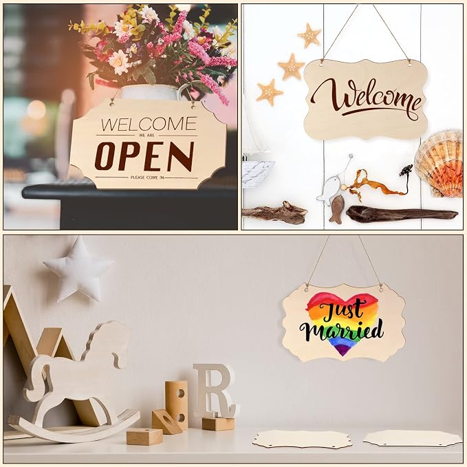 60 Pcs Unfinished Wood Sign Blank for Crafts Wooden Plaque Hanging Rectangle Sign Slices Banners Ornament for DIY Painting Writing 9 x 5.91 Inch