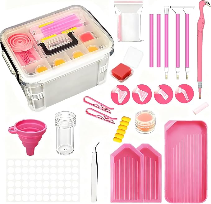 CXJINZE 111 Pcs Diamond Painting Tools Accessories Storage Kit, Pink