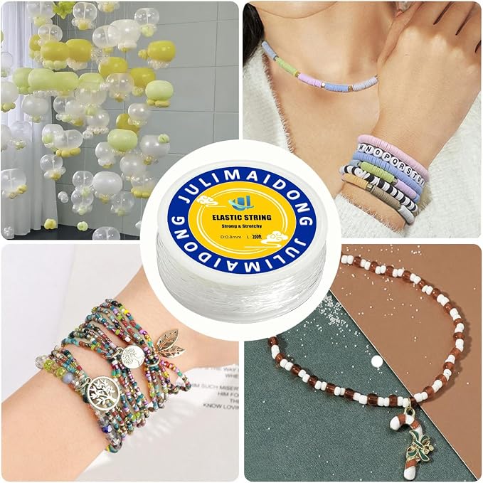 0.8mm Elastic Bracelet String Cord, Crystal Stretch Bead Cord for Bracelets Jewelry Making, Clear Stretchy Elastic String for Beading, Transparent Thread (0.8MM/200ft)