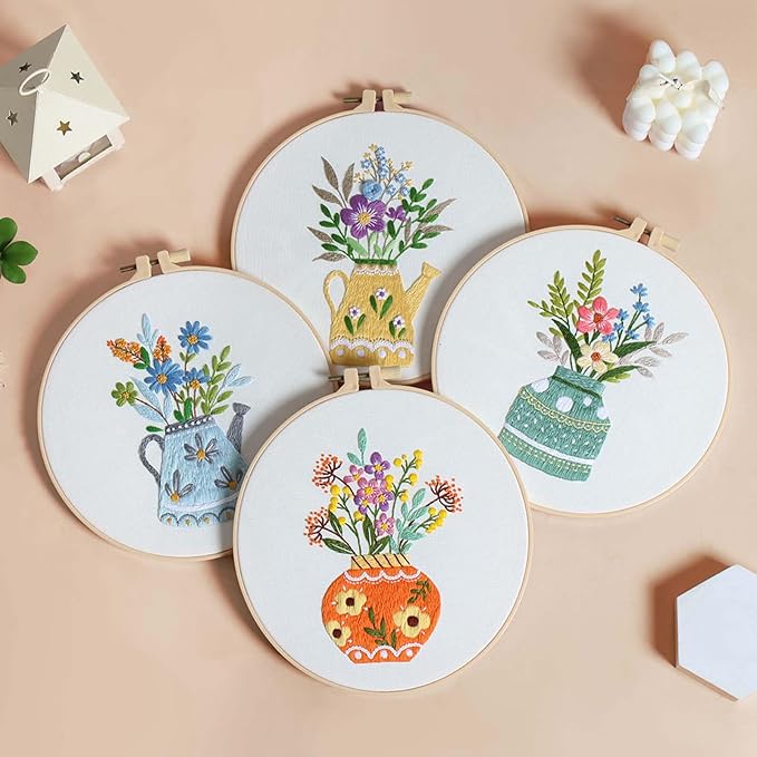 GLTAYLMY 3pcs Embroidery Starter Kit with Vase Pattern, Stamped Cross Stitch Kits for Beginners Adults with Embroidery Hoop and Instructions, Hand Embroidery Kit