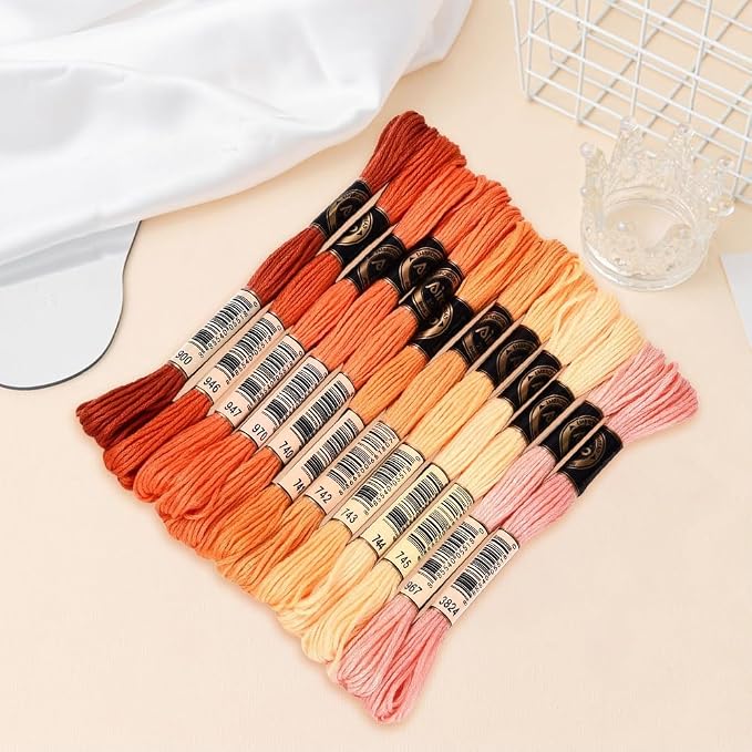 105 Yards 12 Skeins Gradient 6 Strands Orange Red Variegated Embroidery Thread Friendship Bracelet String Polyester Cross Stitch Floss Threads Assorted Bulk Set for Hand Sewing Making Supply