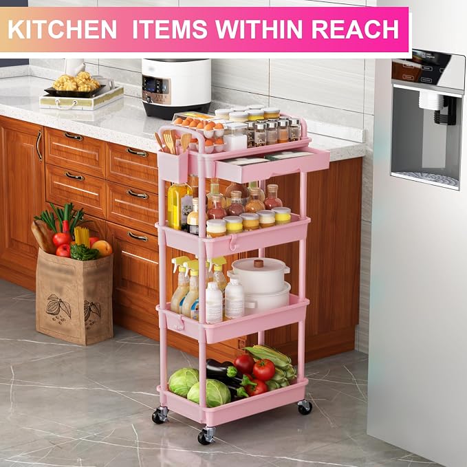 Goovilla 4 Tier Rolling Utility Cart Organizer with Removable Drawer, Pink | Stable and Sturdy Rolling Storage Carts with 2 Lockable Wheels for Bathroom, Kitchen, Snack, Craft, Makeup, Baby Essentials