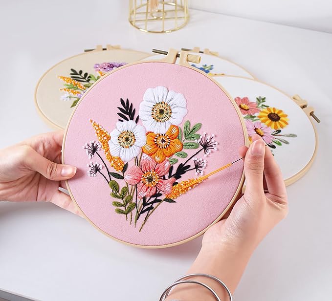 GLTAYLMY Embroidery Kit for Beginners Adults,3 Pack Cross Stitch Kits with 1 Plastic Embroidery Hoops,Needles and Color Threads,Needlepoint Kit for Hand Embroidery Starter
