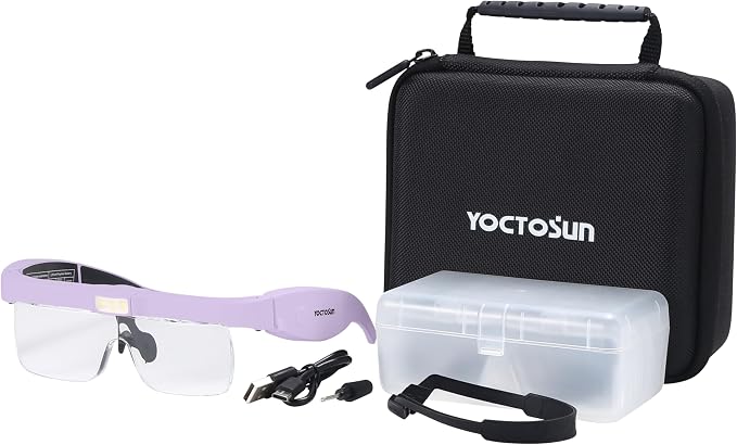 YOCTOSUN Headset Magnifier Glass with 3 LED Lights, Storage Case, Head Strap and 5 Detachable Lenses 0.75X,1.25X,2.0X,3.0X 4.0X, Magnifying Glasses for Close Work, Jewelry, Hobby, Crafts
