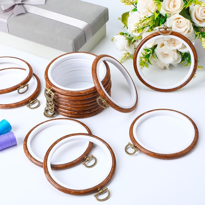 Burbell 15 Pcs 4 Inch Round Embroidery Hoops Frame Bulk Circle Spring Rubber Hoops Ring Display Cross Stitch Ornament Wood Frame Kits for Spring Gifts Mother's Day Craft Sewing DIY Hanging Gifts