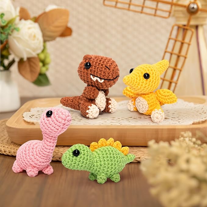 Mewaii Crochet Kit for Beginners, 4 Pack Dinosaur Set Craft Set | 40% Extra Yarn, Video Tutorial, Pre-Started Piece, Beginner Friendly, Family Craft Gift for Adults & Kids