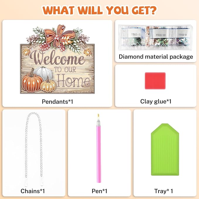 Bowetile Fall Diamond Art Hanging Kits for Adults, Welcome to Our Home Diamond Art Suncatchers, 5D Special Shape Autumn Diamond Painting Pendant Window Ornament Gifts for Home Door Wall Decor