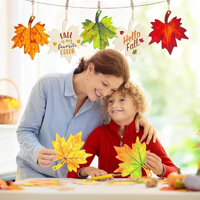 Large Size 7inch Wooden Fall Ornaments to Paint Halloween Thanksgiving Thanksgiving, Maple Leaf Cutouts Unfinished DIY Blank Unfinished Wood Discs Ornament for Crafts Hanging Autumn Decorations 10PCS