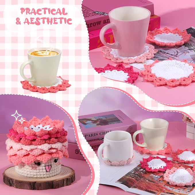 Hssugi Crochet Kit for Beginners, 6PCS Potted Plant Coasters Crochet Kit | Coasters Crochet Kit with Step-by-Step Video Tutorials, Crochet Hooks, Learn to Crochet Kits for Adult Beginners