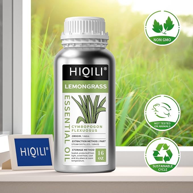 HIQILI Lemongrass Essential Oil for DIY Spray, Body Oil, Soap