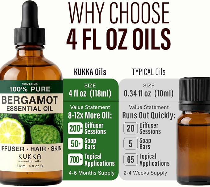 100% Pure Bergamot Oil - 4 Fl Oz Bergamot Essential Oil for Hair, Skin, Diffuser, Aromatherapy & DIY Soap Making Scent (Pack of 2)