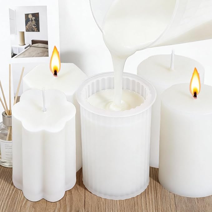 8PCS Reusable Silicone Candle Molds Set - Cylinder/Hexagon/Octagonal/Heart/Flower/Square Shapes for DIY Candle Making, Soap, Resin Crafts, Easy Release Candle Making Kit (8, Cylinder & Hexagon)