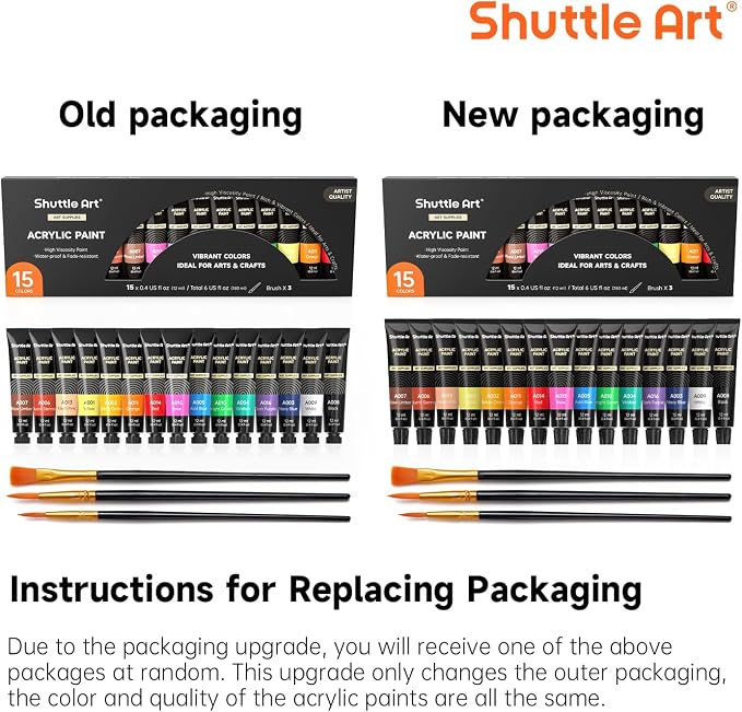 Shuttle Art Acrylic Paint Set, 15 x 12ml Tubes Artist Quality Non Toxic Rich Pigments Colors Perfect for Kids Adults Beginners Artists Painting on Canvas Wood Clay Fabric Ceramic Crafts