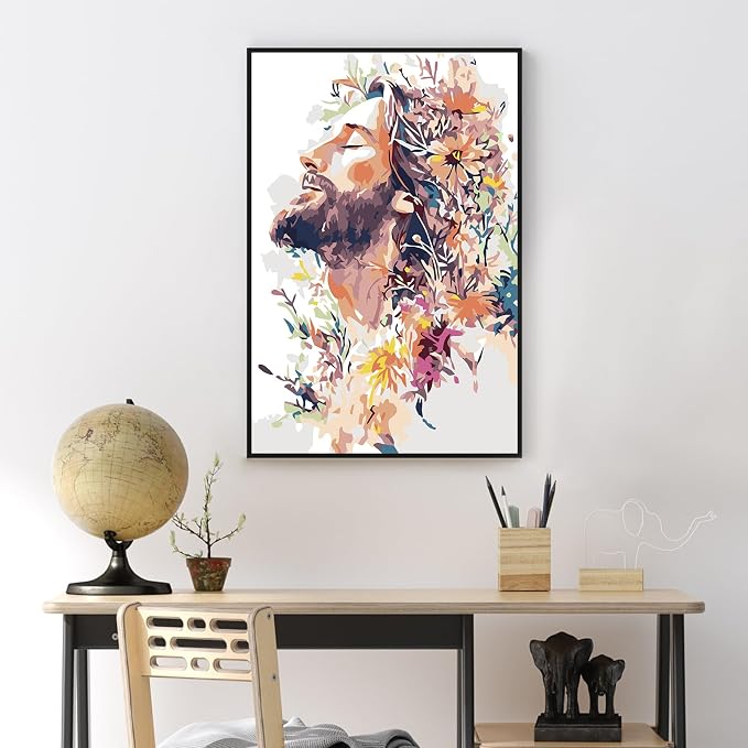 Yezavesu Framed Paint by Numbers Kit for Adults Beginner & Kids Ages 8-12, Jesus Paint by Numbers with Frame, DIY Number Painting for Adults Colorful Flowers for Home Wall Decor Gift 8X 12 inch | With Frame Canvas 8x 12 inch, DIY Acrylic Painting by Nu...